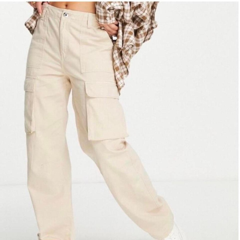 Bershka medium rise cargo straight Tan cargo pants